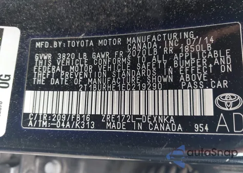 2014 Toyota Corolla Le Plus из США, поврежденный, VIN 2T1BURHE1EC219290